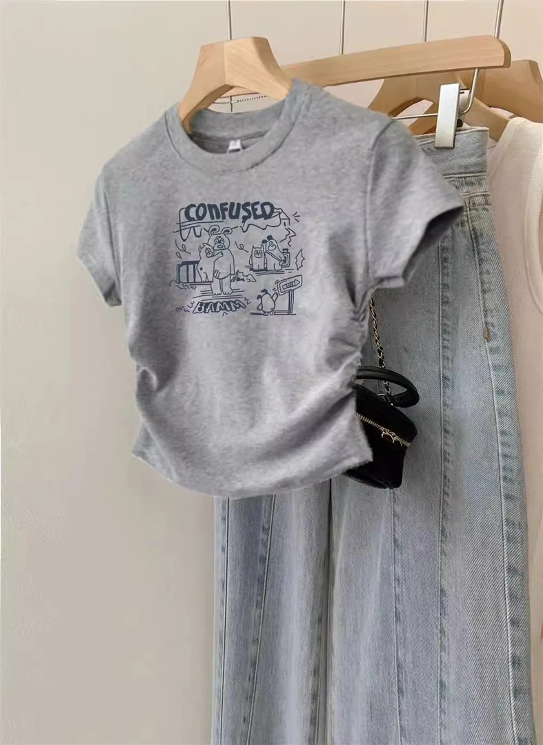 大码短袖t恤女夏季修身显瘦洋气不规则设计感圆领上衣ins潮藏肉