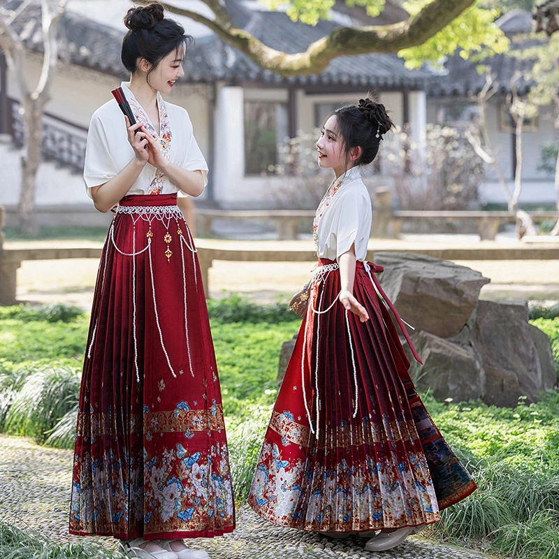 红色马面裙套装春夏2025新款儿童新中式国风汉服短袖母女亲子装潮