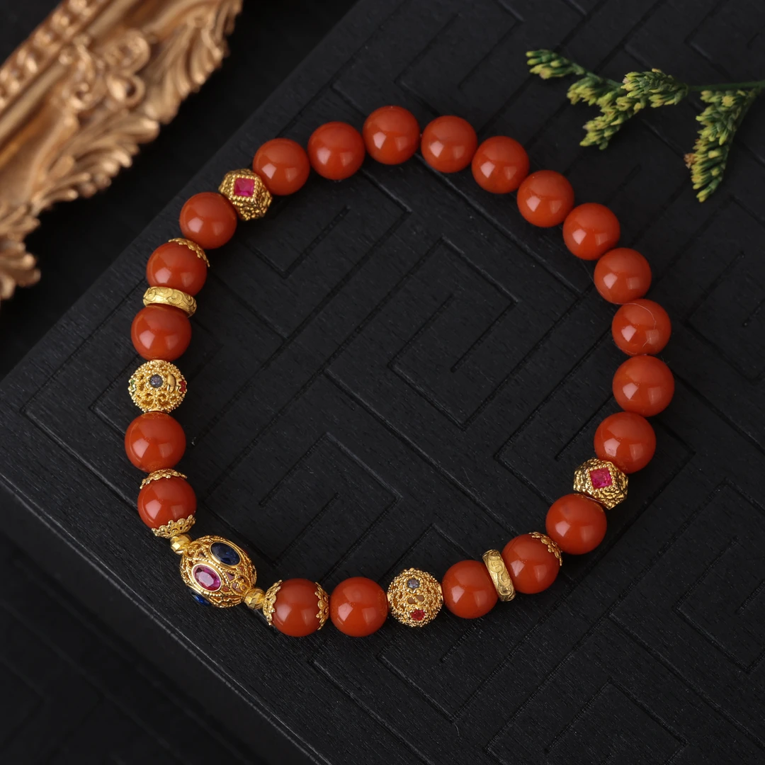 【来福原创】18k金豪镶红蓝蜻蜓眼天然南红玛瑙手串6mm唐草纹绣球