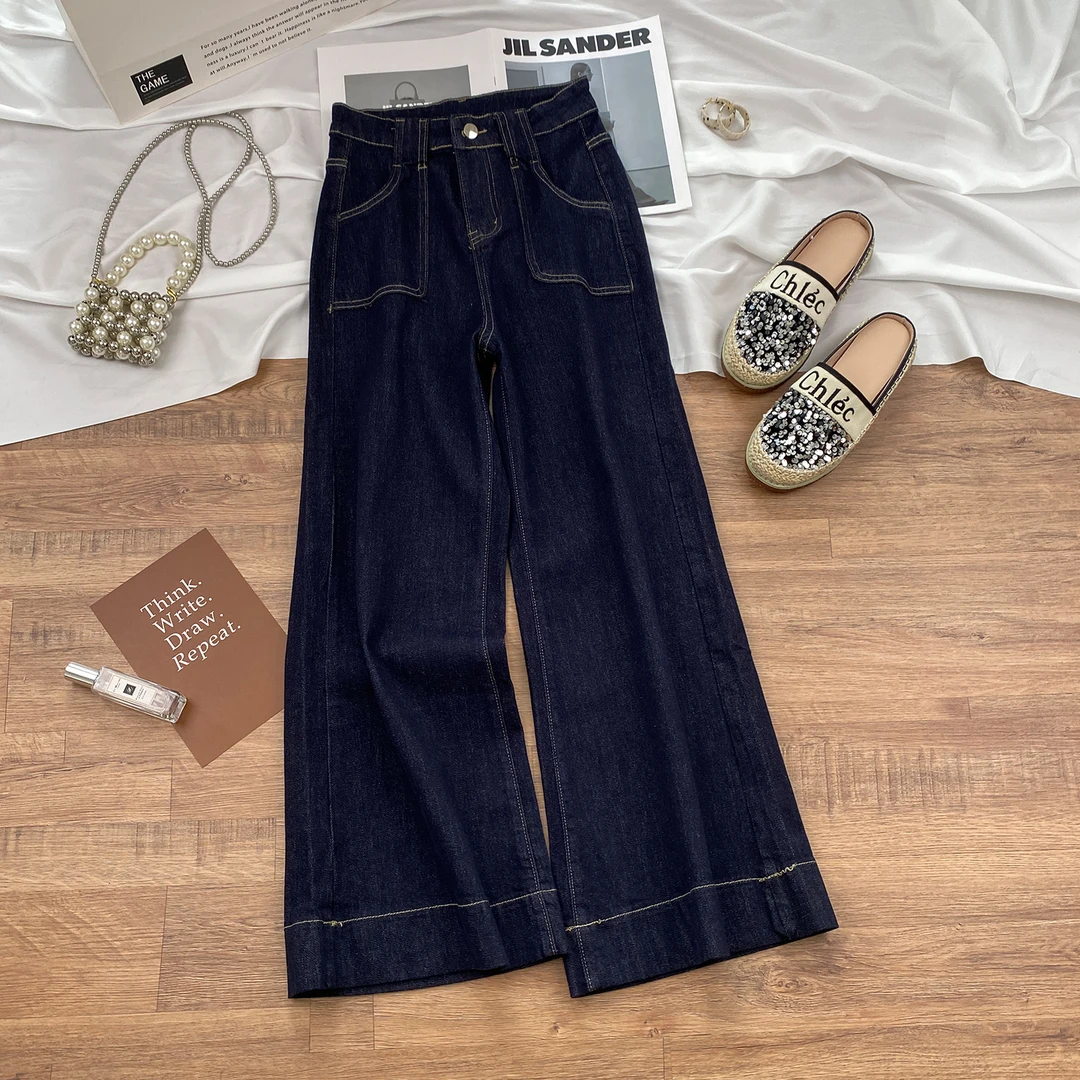丹宁蓝阔腿牛仔裤女秋季2025年新款高腰显瘦宽松垂感不贴腿喇叭裤