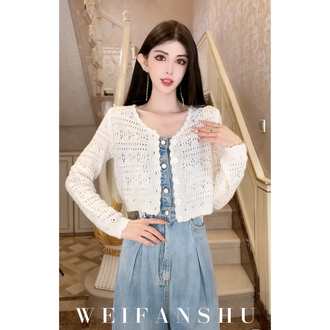 WEIFANSHU/魏凡舒【温柔韩妹】早春新款镂空绣花别致短款长袖开衫