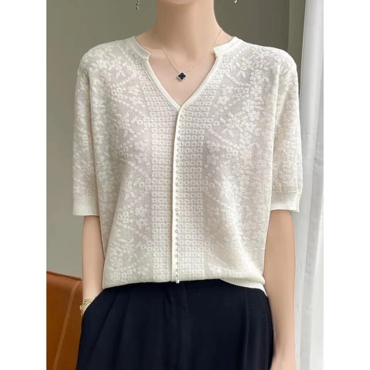 提花短袖V领中式上衣小衫NSY142