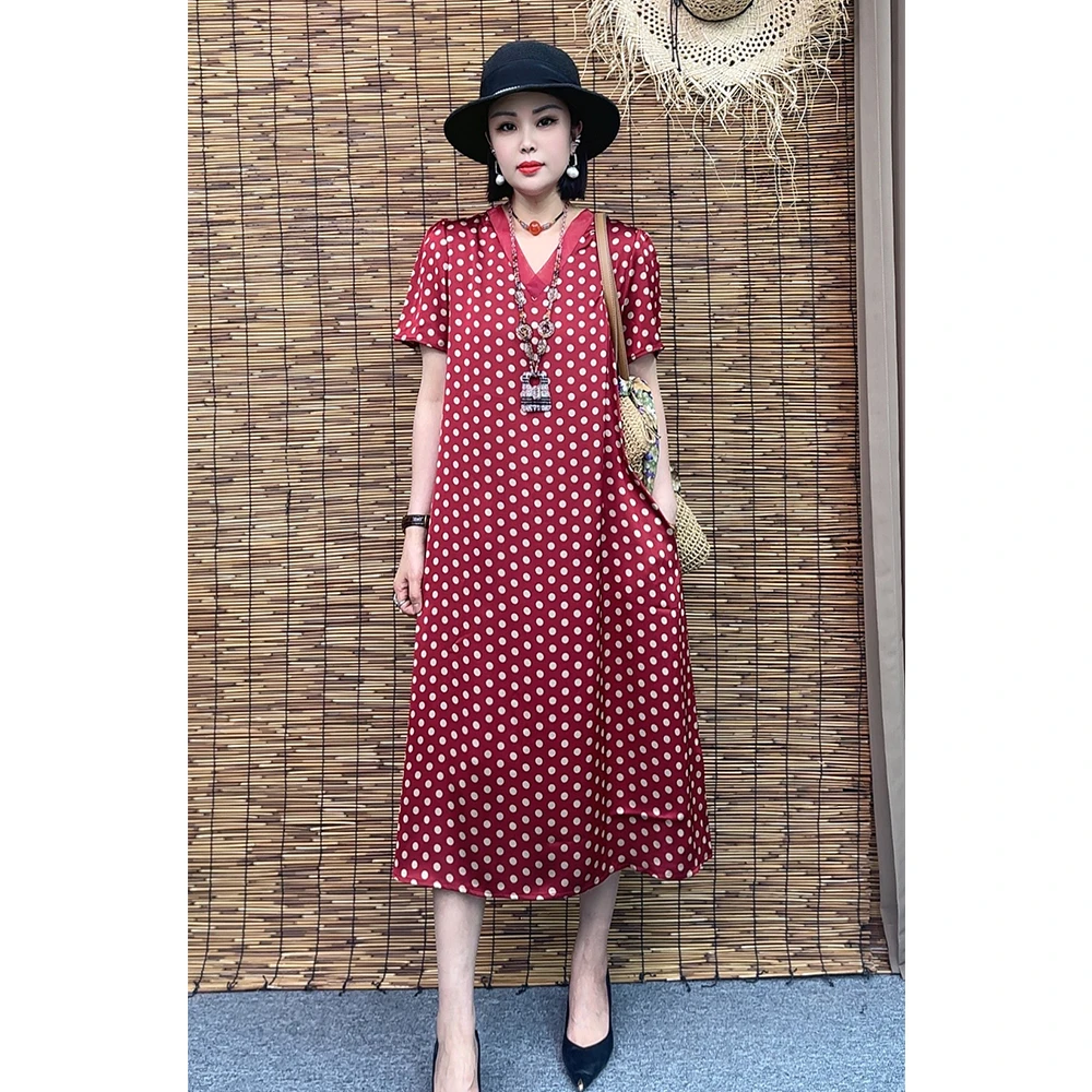 夏季宽松轻薄时尚休闲百搭洋气香槟色波点女士连衣裙575