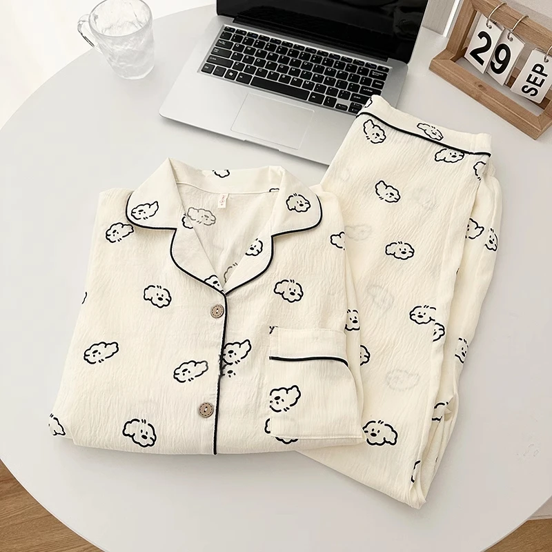 日系透气睡衣夏季女短袖卡通甜美小翻领亲肤三件套装家居服可外穿