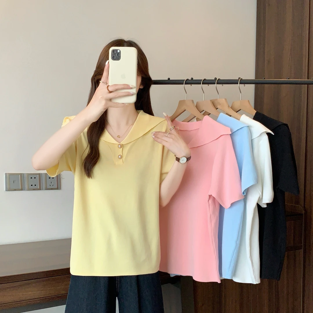 大码女装2025夏季新款翻领宽松简约显瘦百搭胖MM冰丝短袖T桖50089