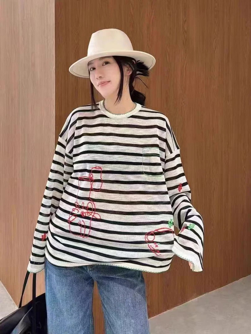 2025夏季新款dtu韩版宽松圆领手工印花刺绣趣味卡通套头防晒衣女