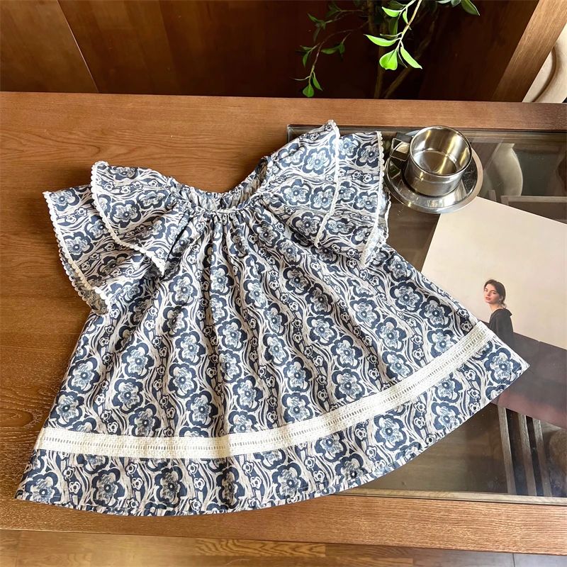 现货【花沫】100棉3643女童夏装时尚女宝娃娃衫洋气百搭短袖衬衫