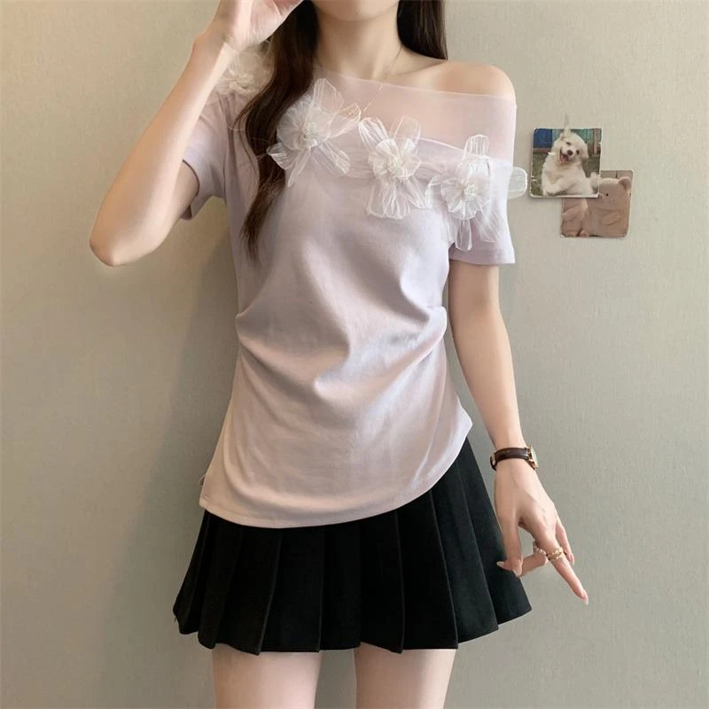 重工立体花朵露肩短袖T恤女夏季大码胖mm绝美法式高级感别致上衣