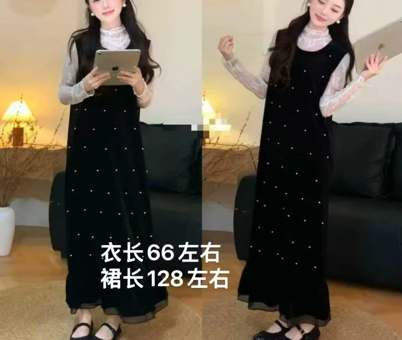 凤儿家-8227韩系蕾丝上衣➕丝绒钉珠拼接网纱吊带连衣裙