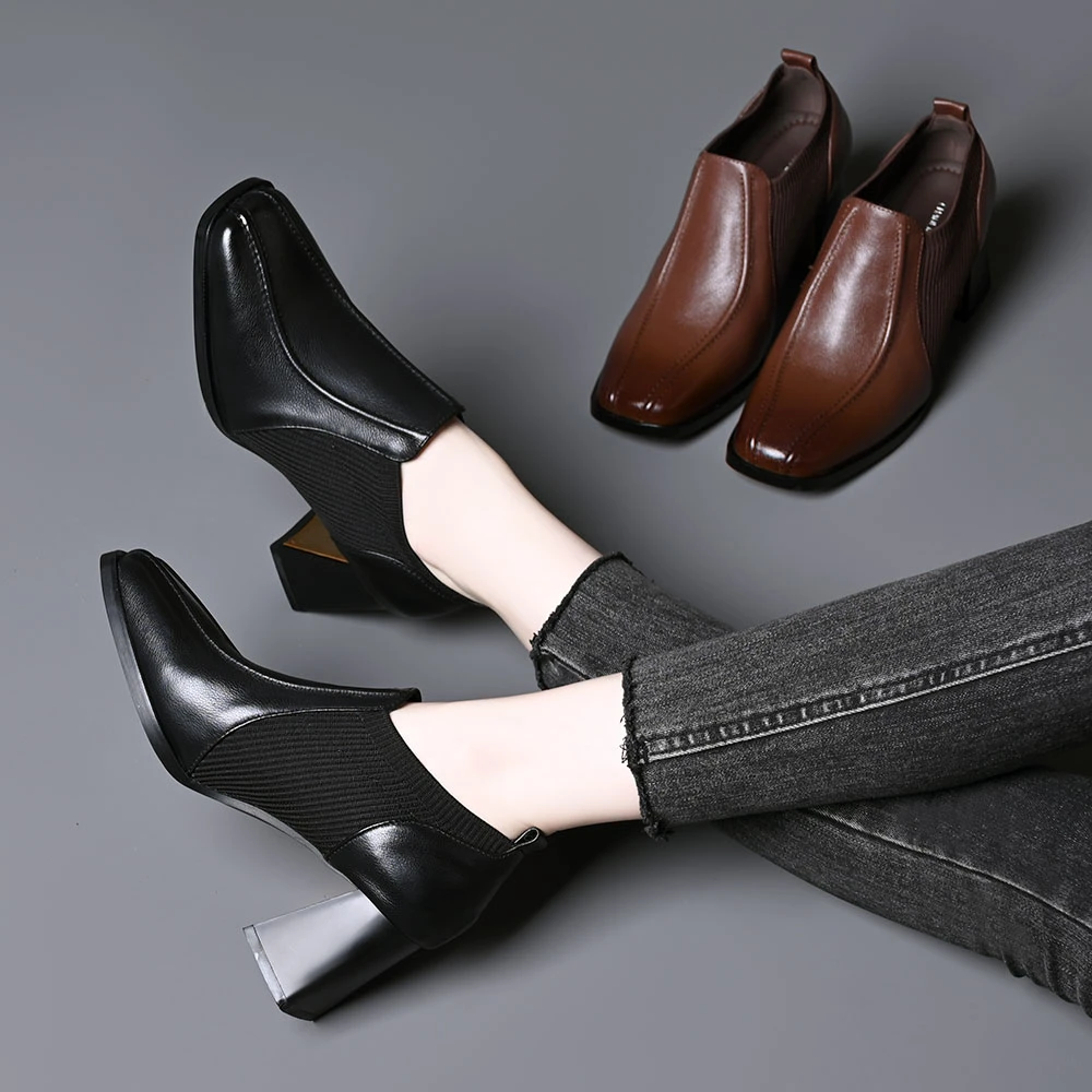 头层牛皮方头针织拼接深口单鞋女春秋新款百搭舒适一脚蹬高跟皮鞋