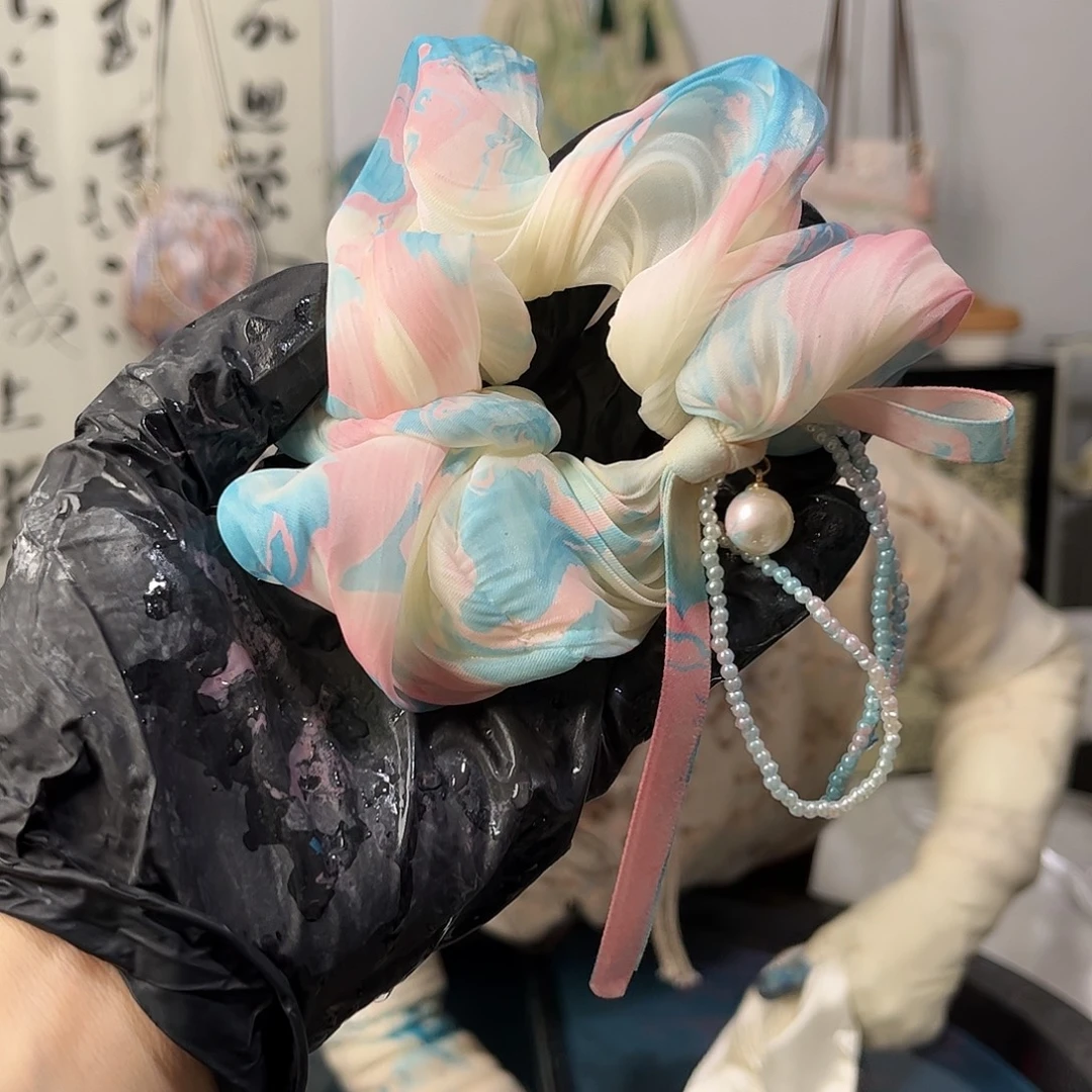 布艺非金属359泡芙发圈蓝粉色