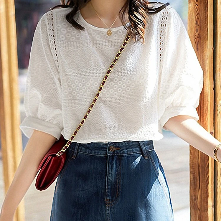 季念【运费全额补贴】纯棉长短袖衬衫镂空蕾丝薄款女夏秋白色洋气