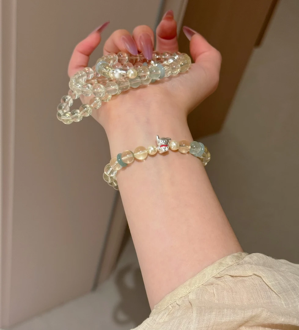 E13《冰柠薄荷小狗》柠檬黄线条小狗手串