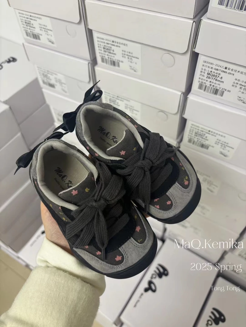 2025麦奇新款女童灰色碎花德迅鞋后跟可爱蝴蝶结碎花德迅鞋子