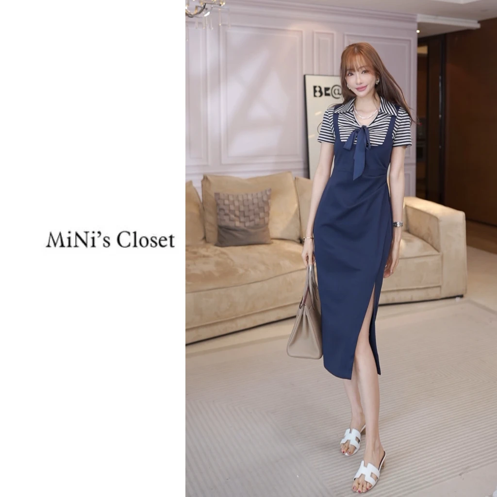 【MiNi推荐】韩版减龄时尚高级感撞色拼接收腰显瘦长款连衣裙JE1081