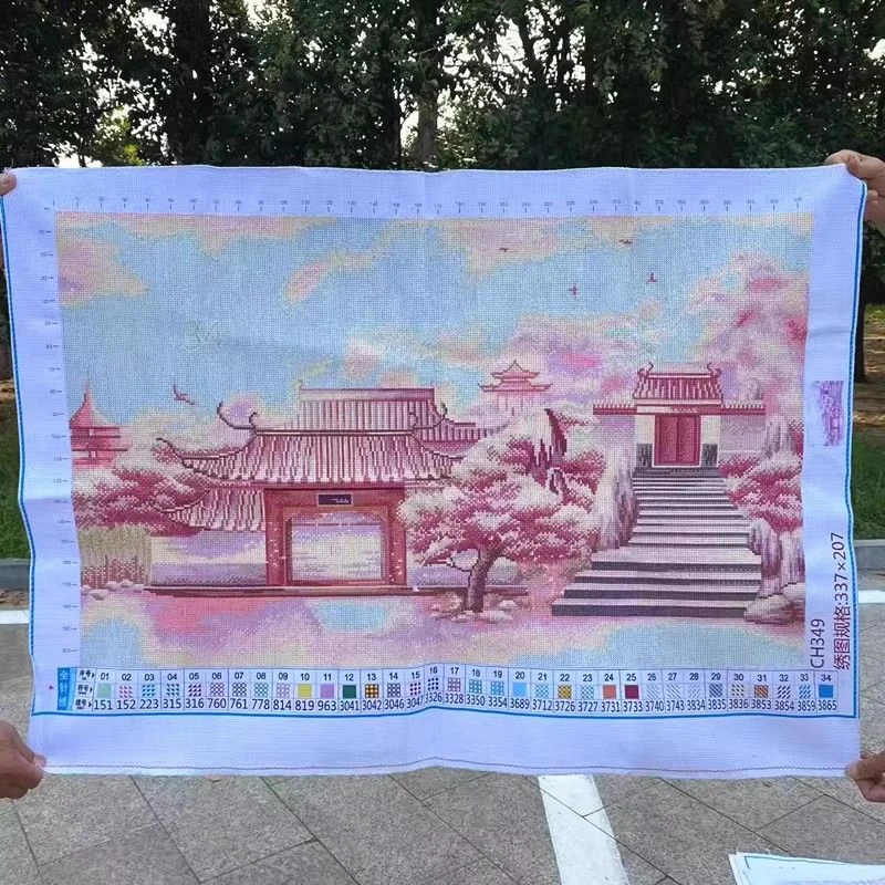 纯手工绣好十字绣成品349大格桃园寺客厅挂画