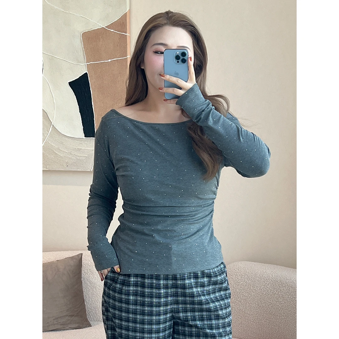 MsShe大码女装2025新款秋装露肩一字领斜肩抽褶长袖T恤S2412009