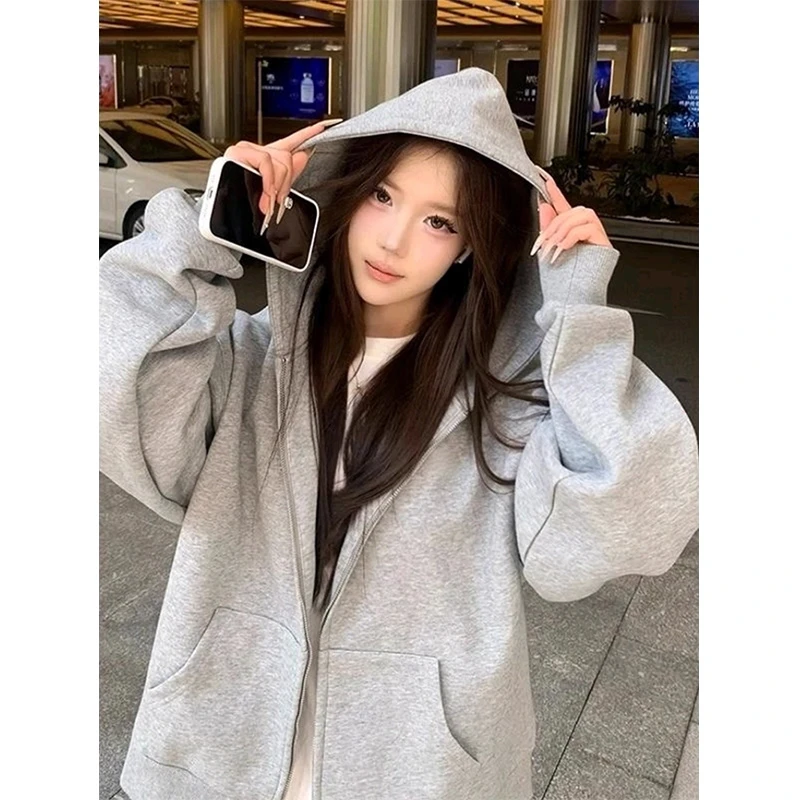 浅灰色拉链开衫卫衣男款秋季慵懒风重磅百搭外套潮牌宽松休闲上衣