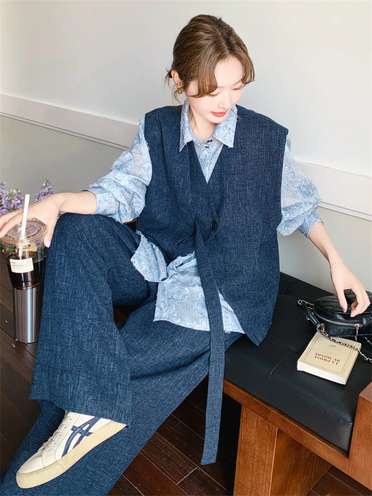 提花衬衫马甲套装裤女春秋气质休闲时尚三件套ootd穿搭减龄松弛感