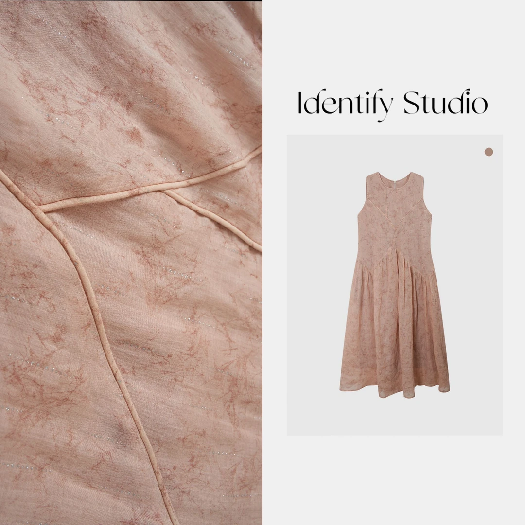 IDENTIFY“梦幻粉纱”夏季新款时尚立体剪裁暗纹拼接苎麻连衣裙25SS