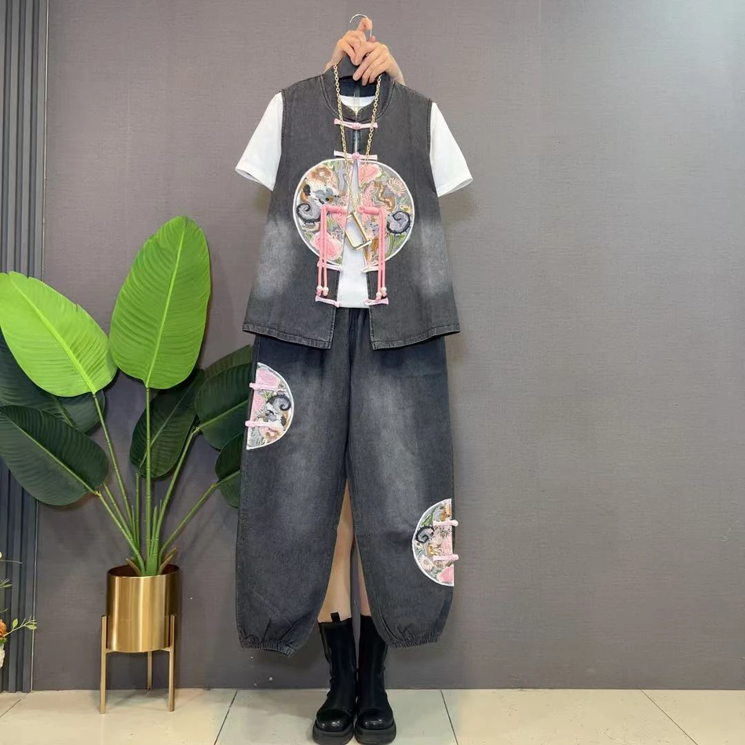 欧货胖mm新中式国风时尚复古短袖T恤牛仔马甲遮肉百搭裤子三件套
