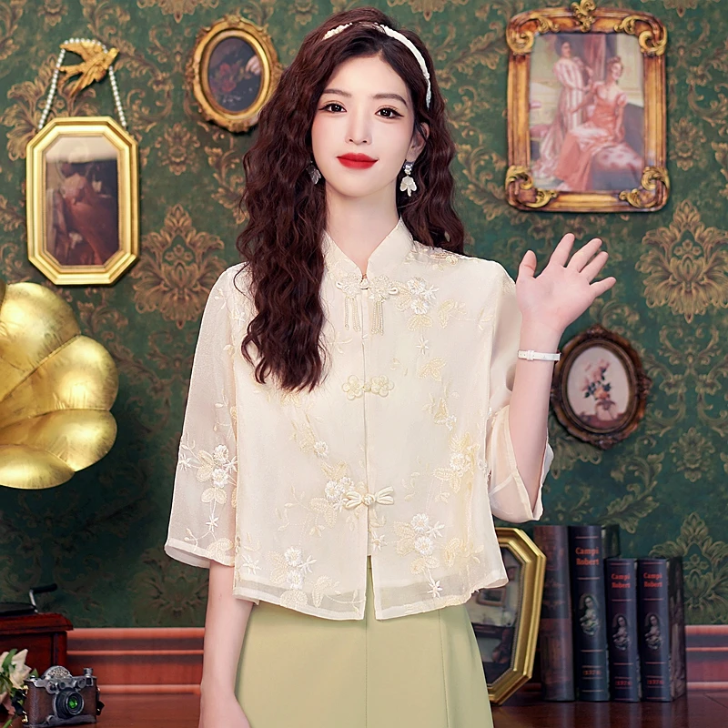 新中式国风禅意改良旗袍重工刺绣盘扣七分袖上衣衬衫女装2025夏款