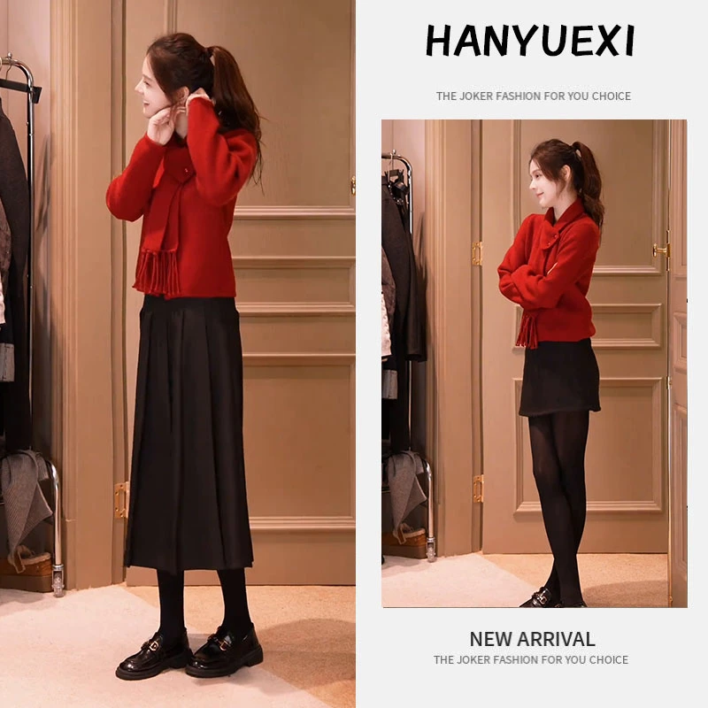 红色穿搭一整套女装2025新款韩版气质围巾毛衣洋气百褶裙两件套潮