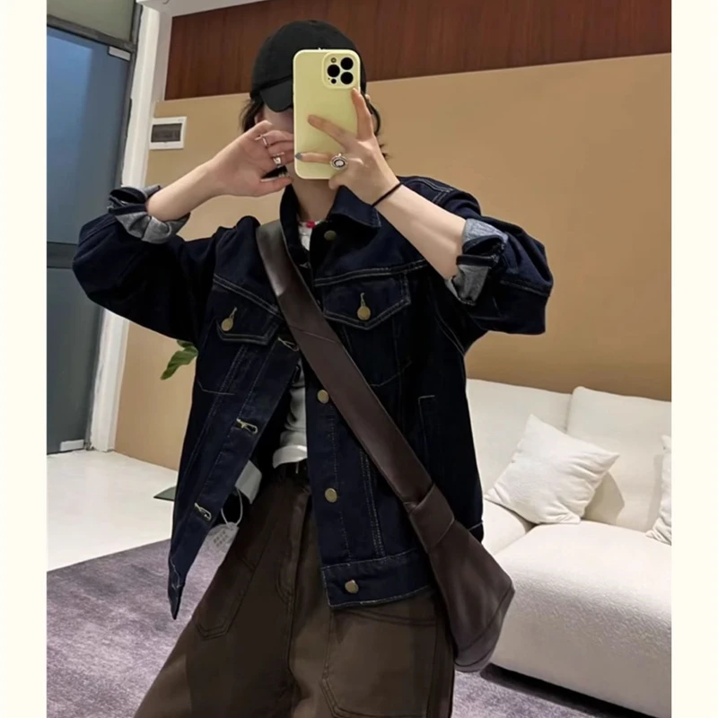 2025新款复古深蓝翻领开衫小众设计新款短款牛仔外套休闲春季上衣