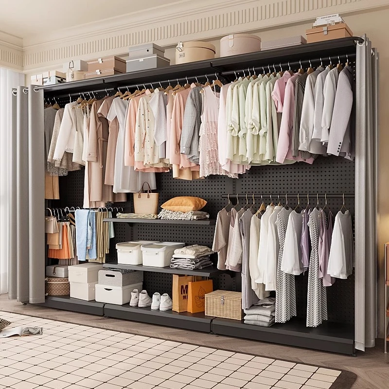 洞洞板简易衣柜卧室组装金属衣橱出租房开放式防尘帘挂衣架