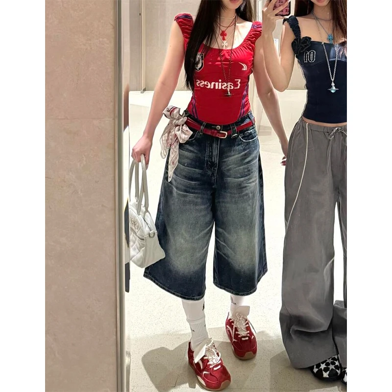 微胖mm水洗蓝复古做旧七分牛仔裤女夏季新款休闲百搭宽松直筒中裤