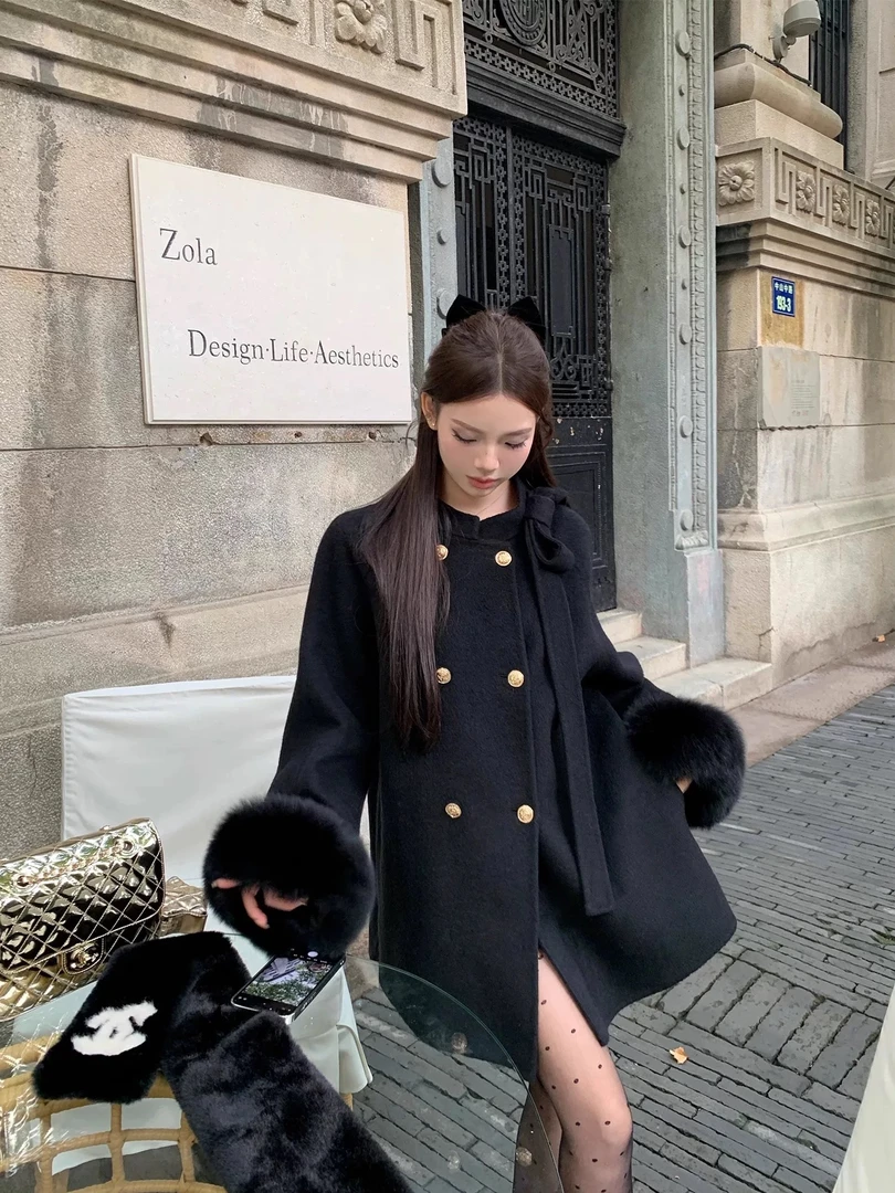 【温莎千金】蝴蝶结双面羊毛大衣女斗篷狐狸毛羊毛呢外套灰色大衣