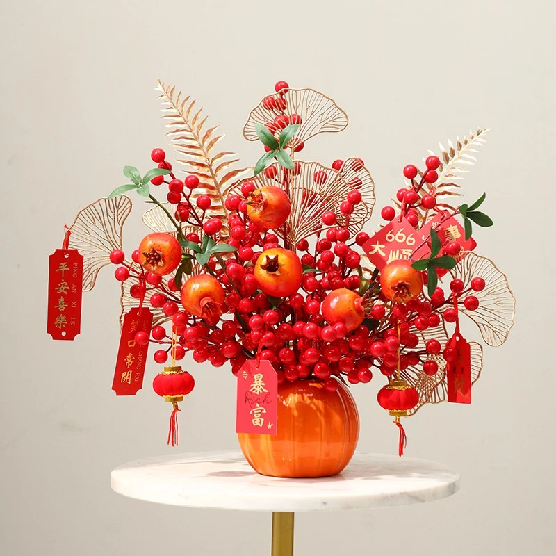 轻奢仿真石榴红浆果石榴高档电视柜创意新中式新家乔迁摆件