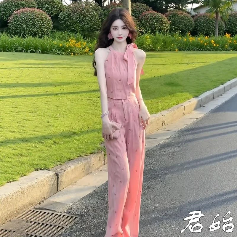 法式爱心刺绣粉色无袖背心上衣阔腿裤两件套女士巨好看的夏天套装