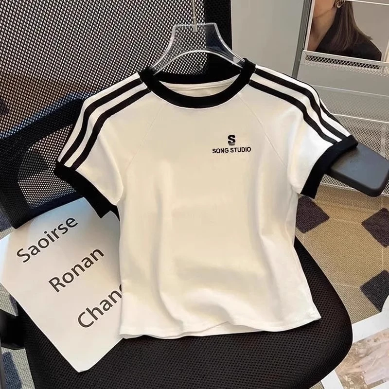 三条杠中大童纯棉t恤2025新款夏季短款学生女童纯棉t恤修身百搭潮