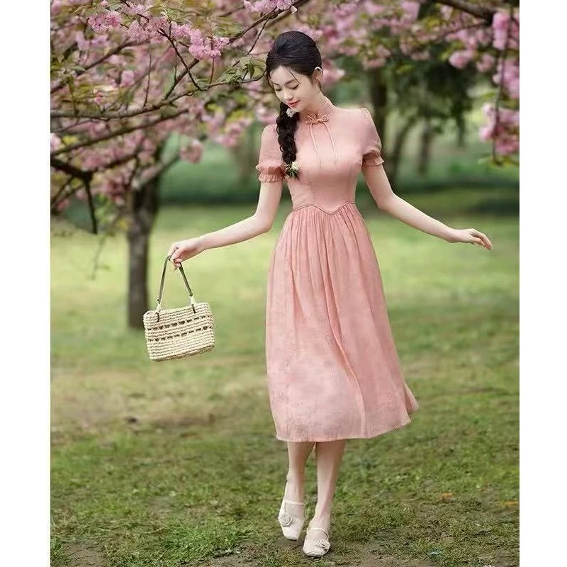粉色奥黛旗袍2025年新款国风春夏新中式少女年轻款高端气质连衣裙