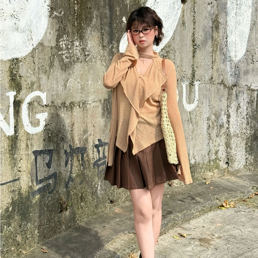 小也 美式复古飘带【入秋松弛系】WP10156咖色高腰百褶裙WP10157