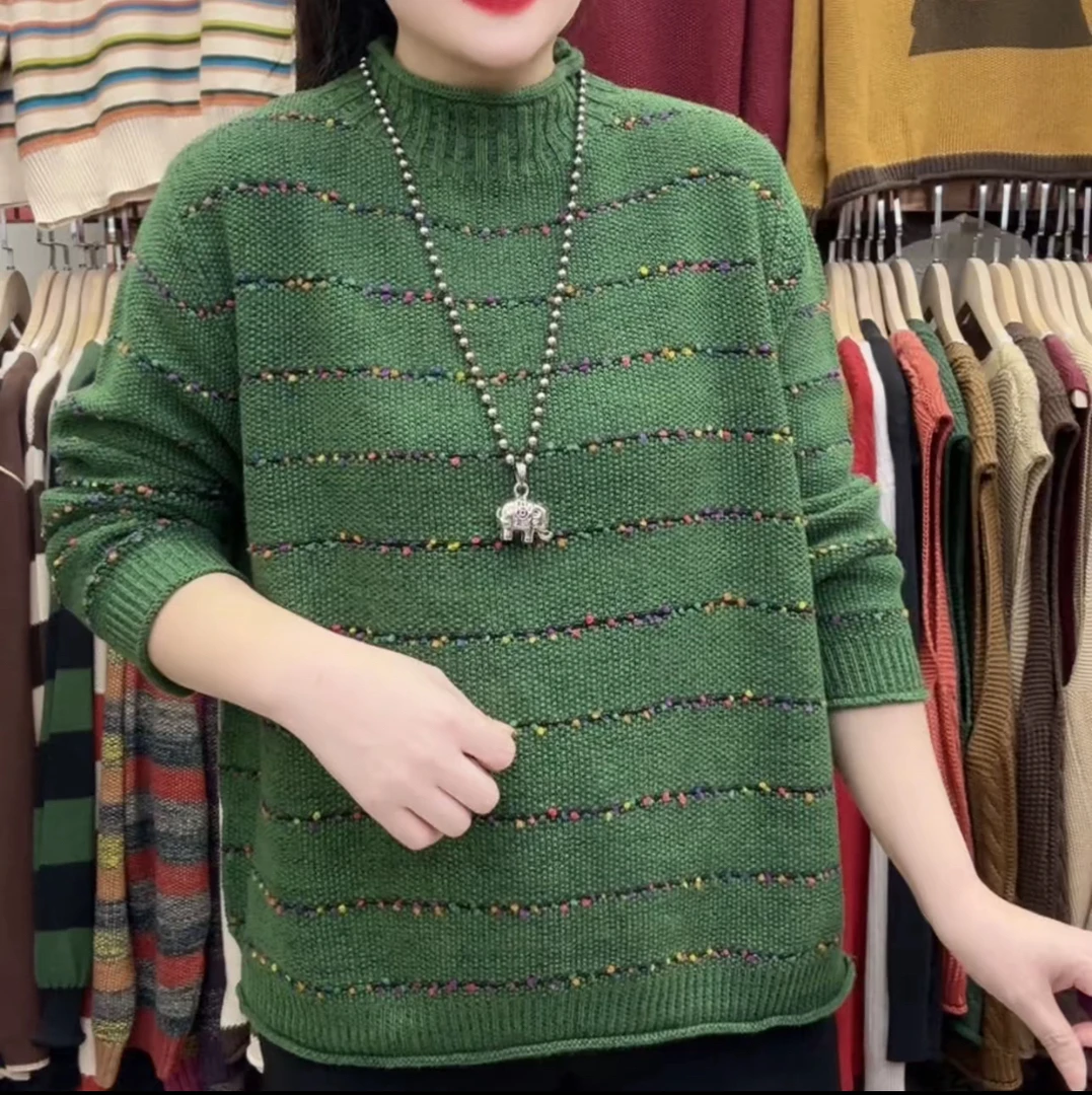 2025秋冬时尚百搭设计彩色点点线毛衣新款条纹半高领针织长袖上衣