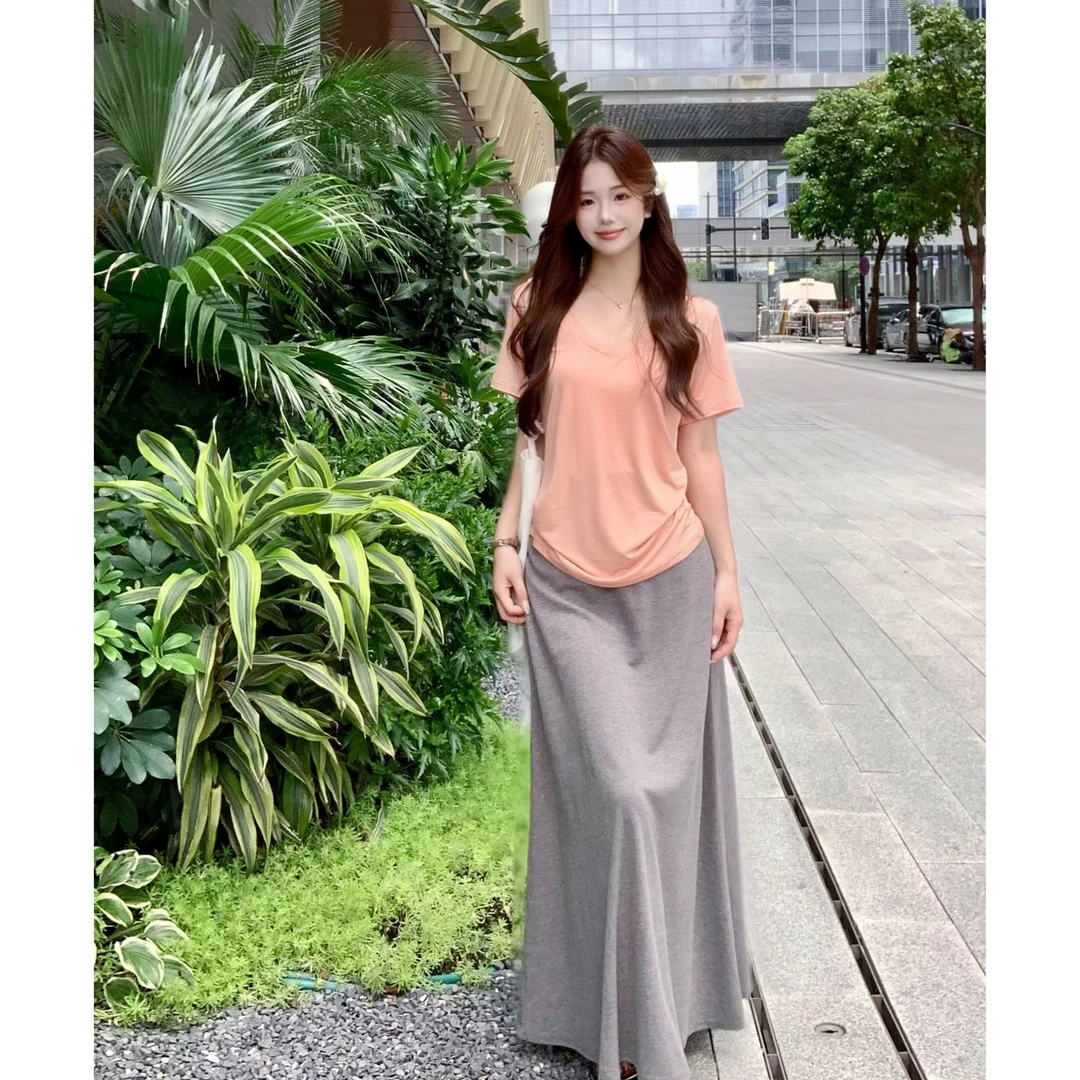 KUMAYES韩版V领慵懒风短袖T恤女夏季薄款显瘦莱赛尔短袖上衣