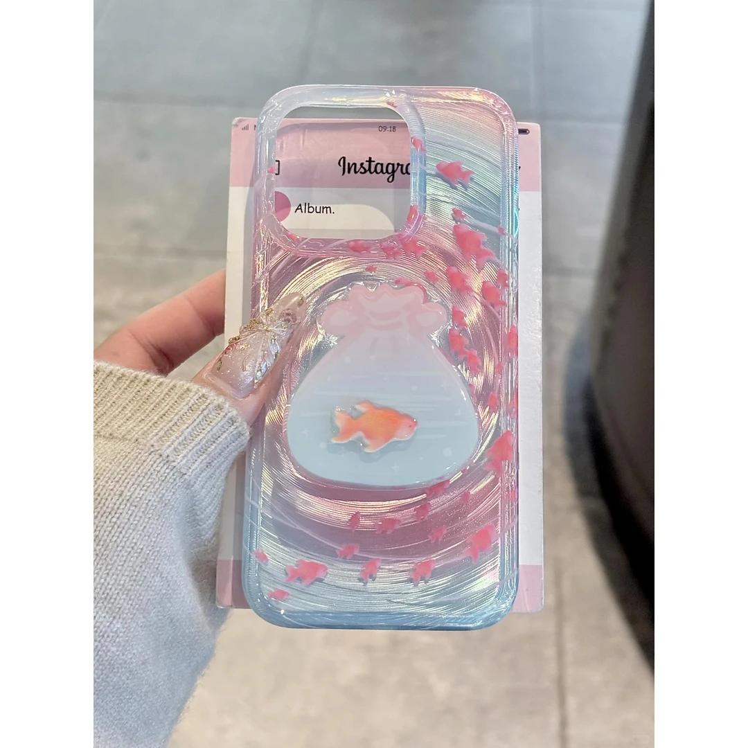 KEWU韩风漩涡渐变小鱼支架适用苹果16/15手机壳华为vivo小米oppo