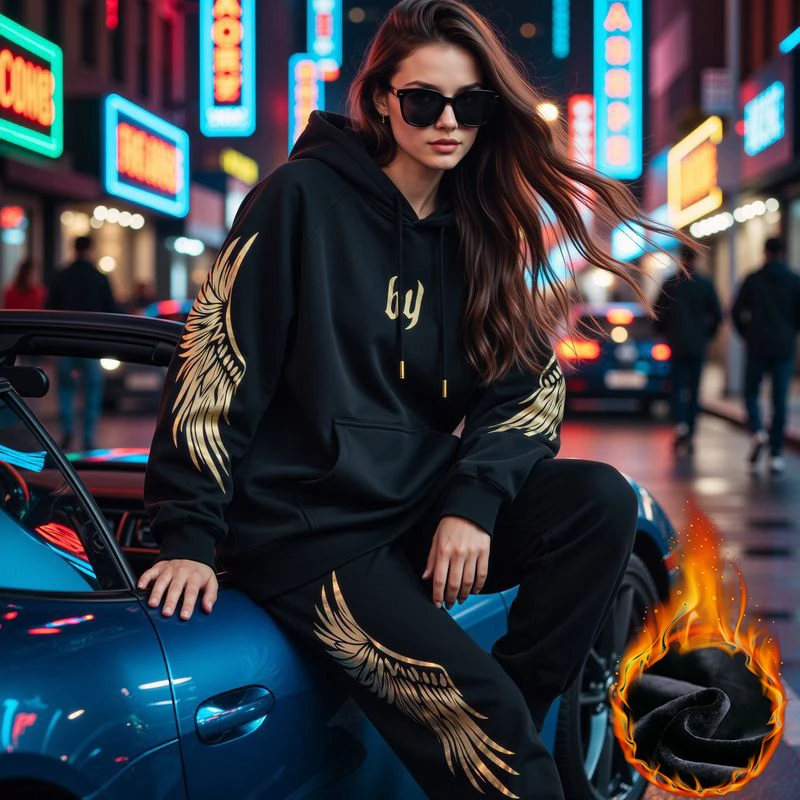 BY【宠粉套装】秋冬加绒潮牌闪耀翅膀连帽卫衣/男女同款休闲时尚男