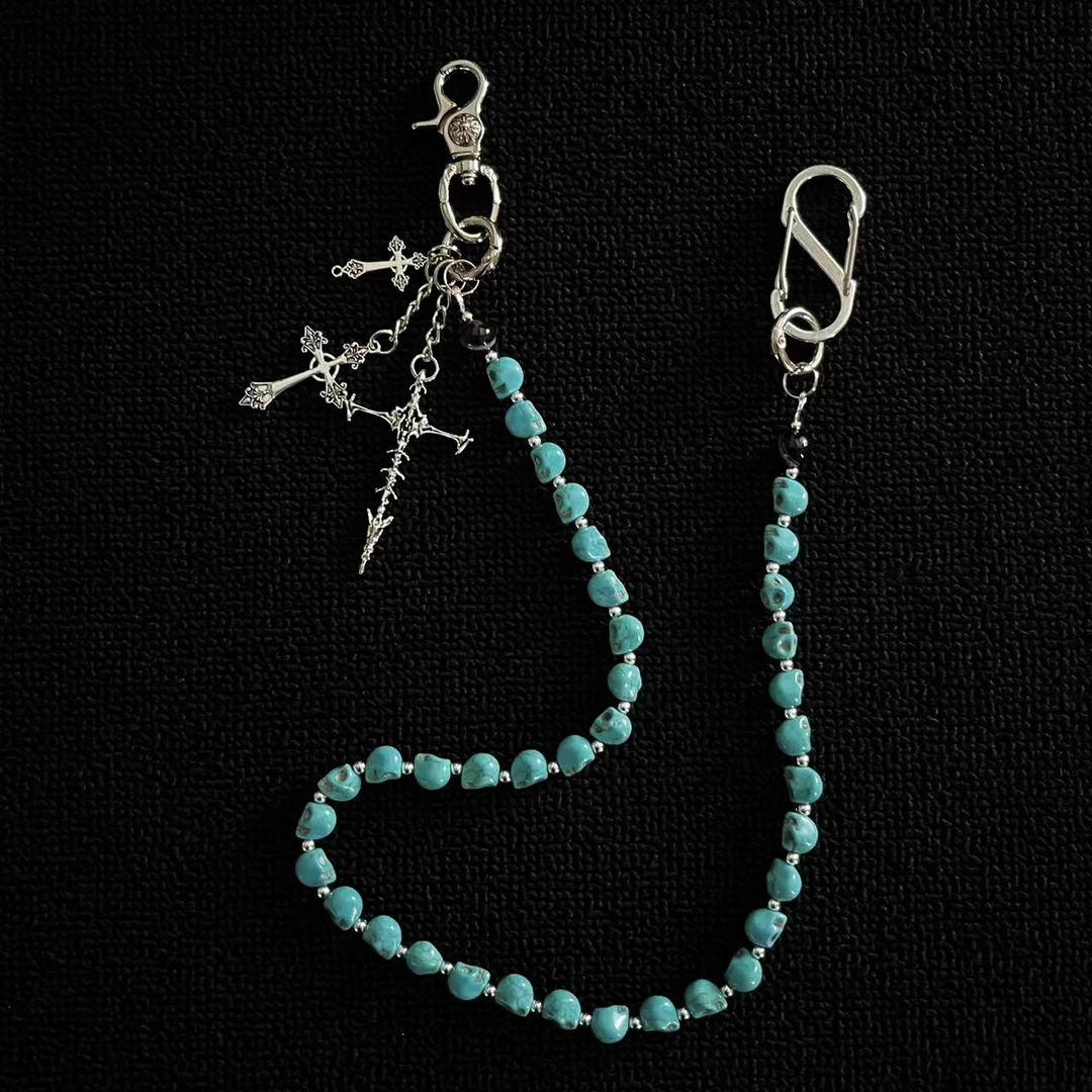 MS原创设计蓝骷髅十字架裤链cleanfit小众设计感挂件腰间配饰