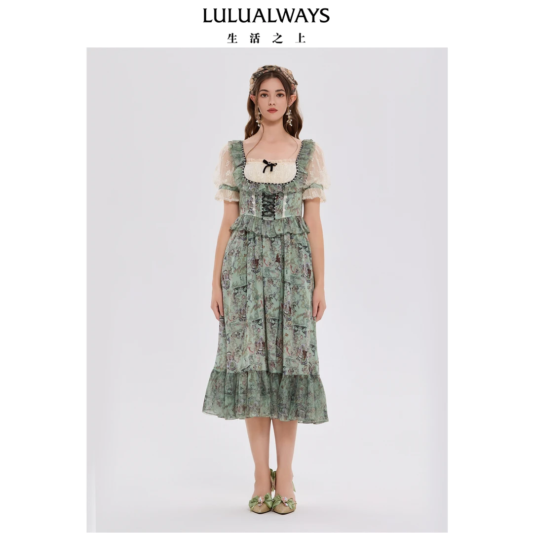 LULUALWAYS我爱露露25夏季新款法式甜美气质温柔风方领长款连衣裙