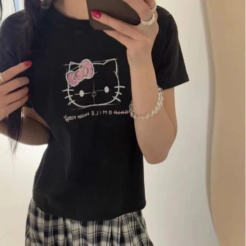 【甜酷凯蒂】25年夏季新款砂洗时尚可爱猫咪圆领短袖水洗舒适透气棉