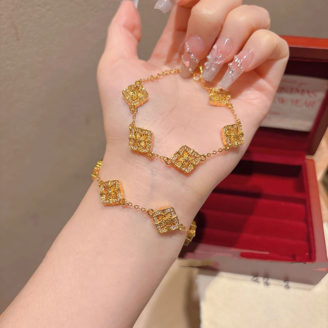 铜合金锆石手链 拉丝镂空四叶草手链轻奢时尚小众