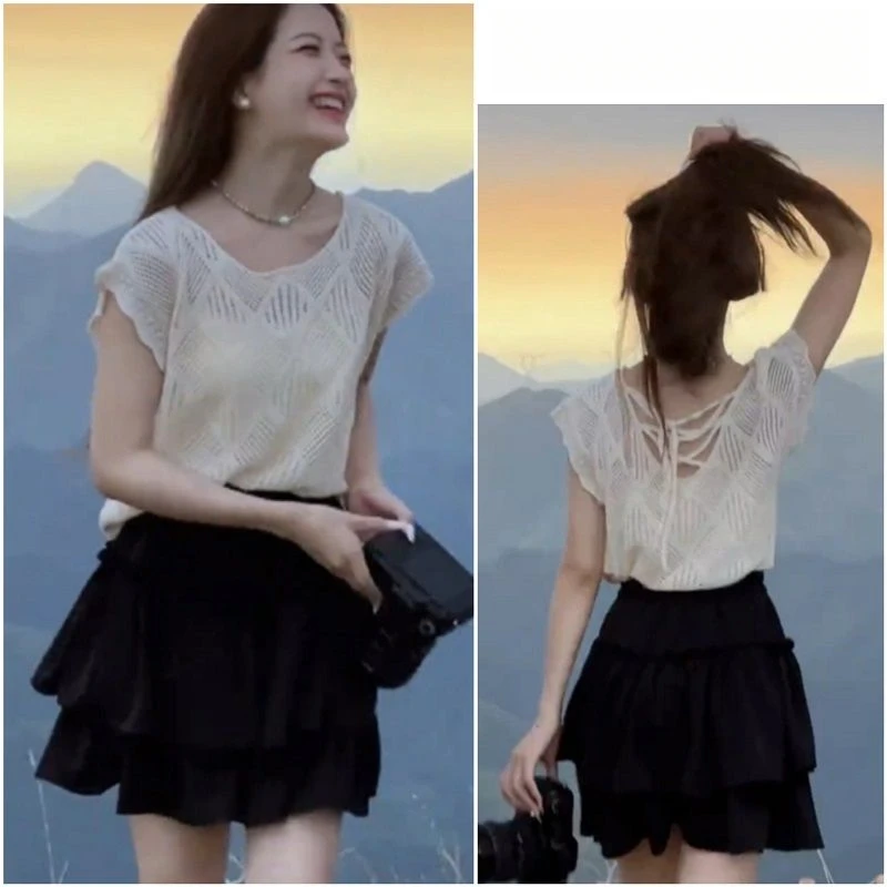 夏季新款白色韩版个子套装2025夏季新款露背镂空针织衫+半身裙两