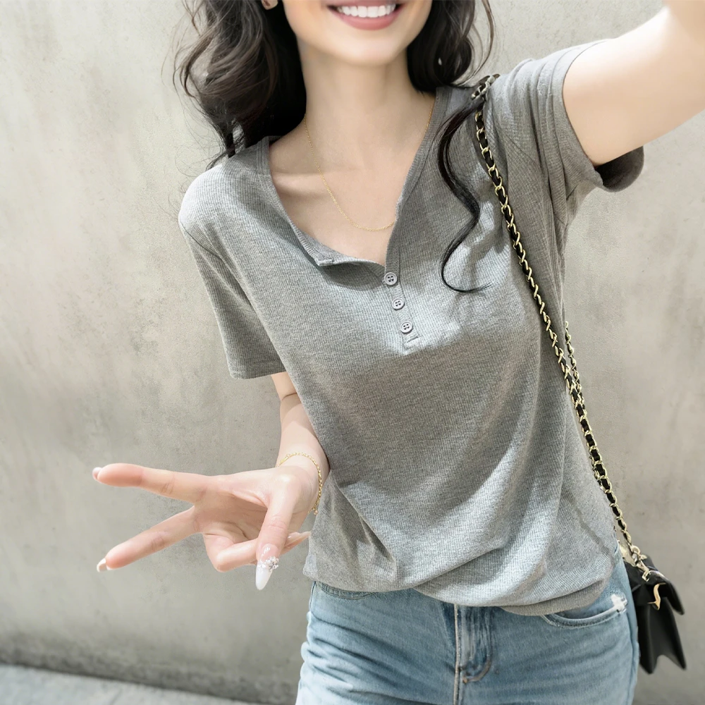 白色半开领正肩V领螺纹棉T恤女2025夏季百搭显瘦小个子短袖上衣潮