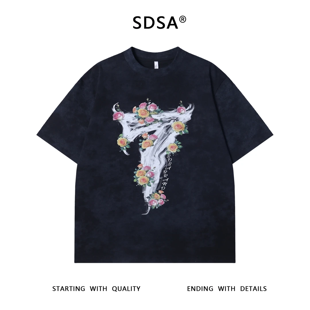 夏季高级感新款男士美式数字花卉印花圆领短袖T恤百搭慵懒风上衣