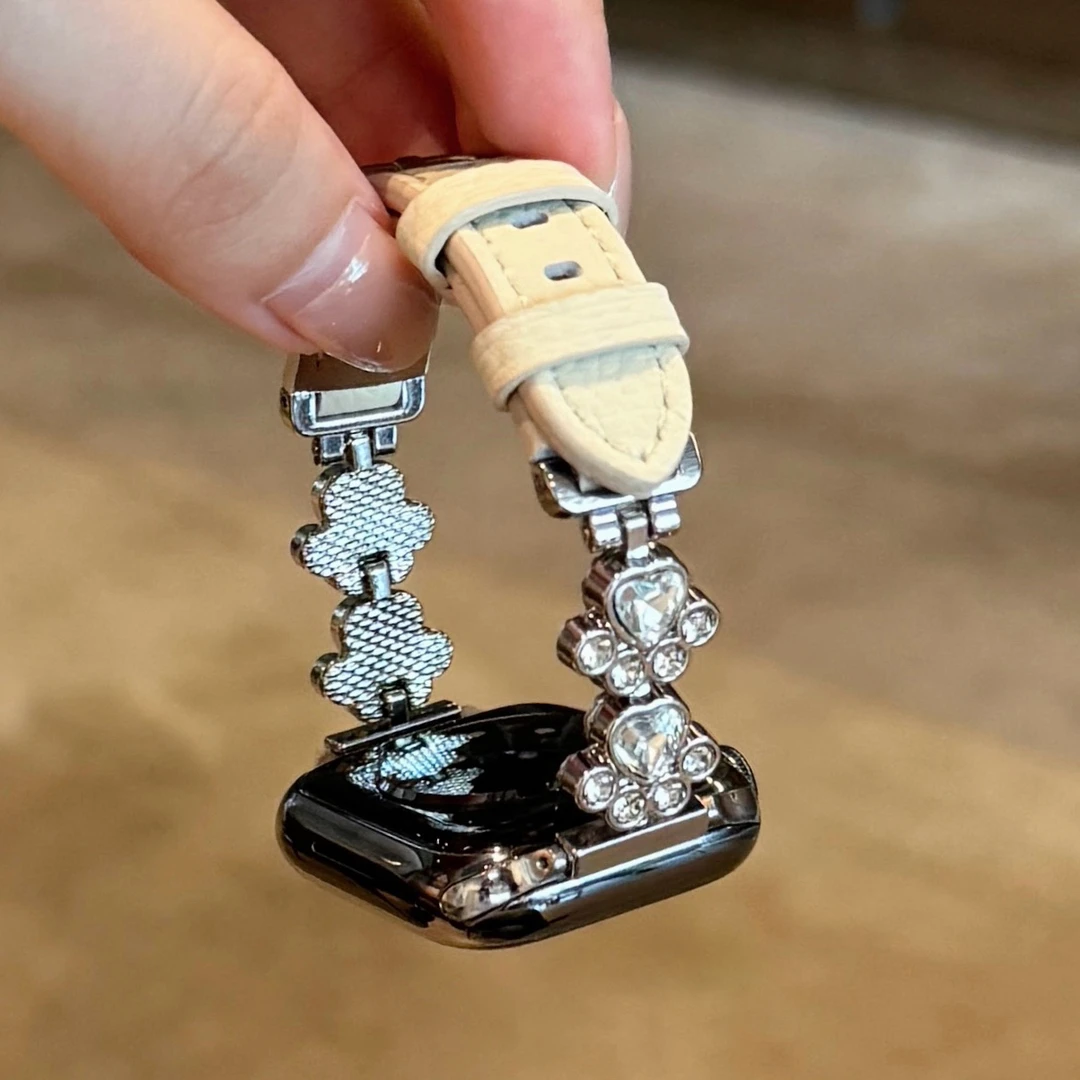 猫爪镶钻荔枝纹皮质苹果手表表带适用于Apple Watch789iwatch10SE