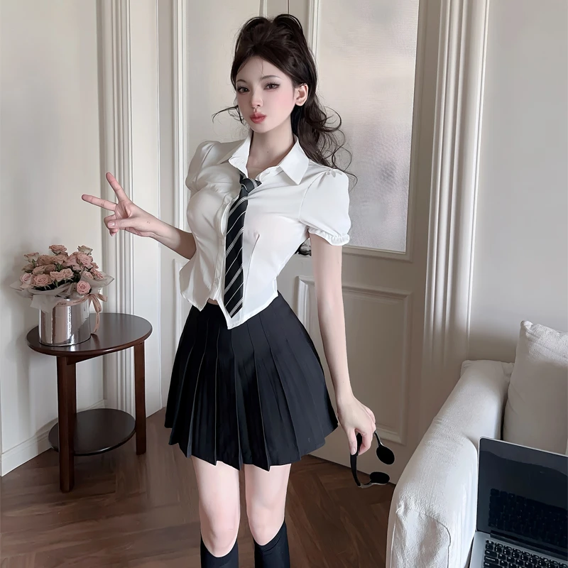 学院风收腰纯欲短袖衬衫纯欲夏季辣妹显瘦j百褶半身裙JK制服套装