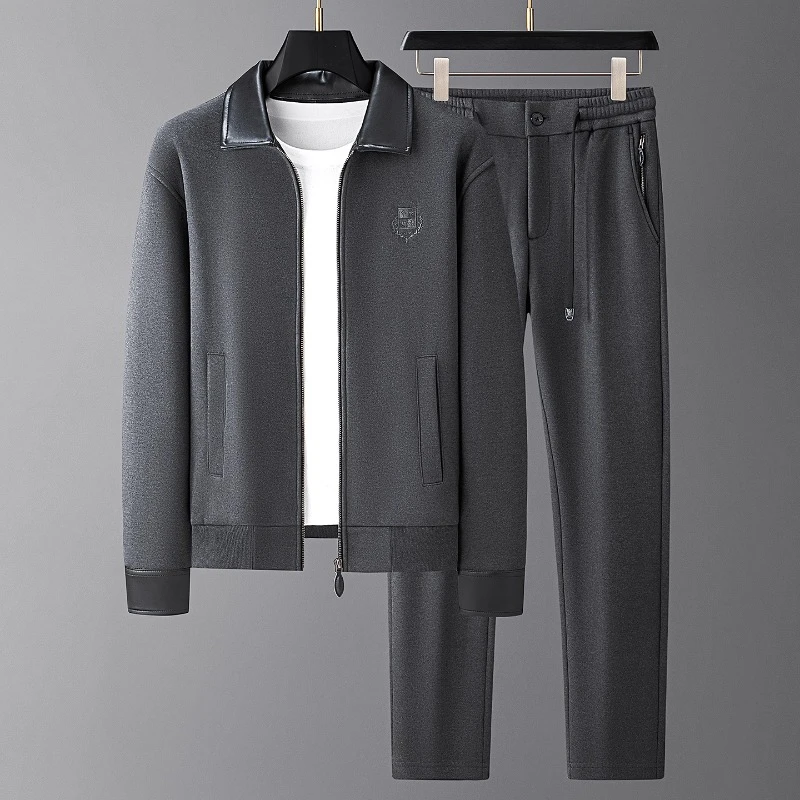 秋冬加绒厚款高端两件套男士保暖皮质撞色青中年翻领休闲运动套装